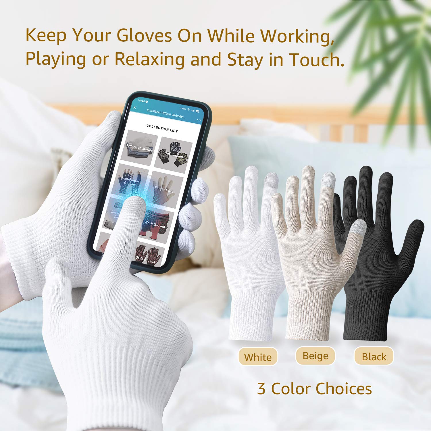Evridwear black gloves highlighting lightweight, skin-friendly fit.