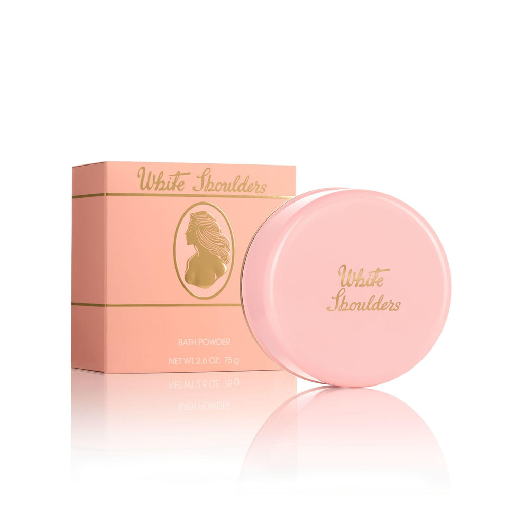 Evyan White Shoulders bath powder bottle offers lasting freshness after shower.