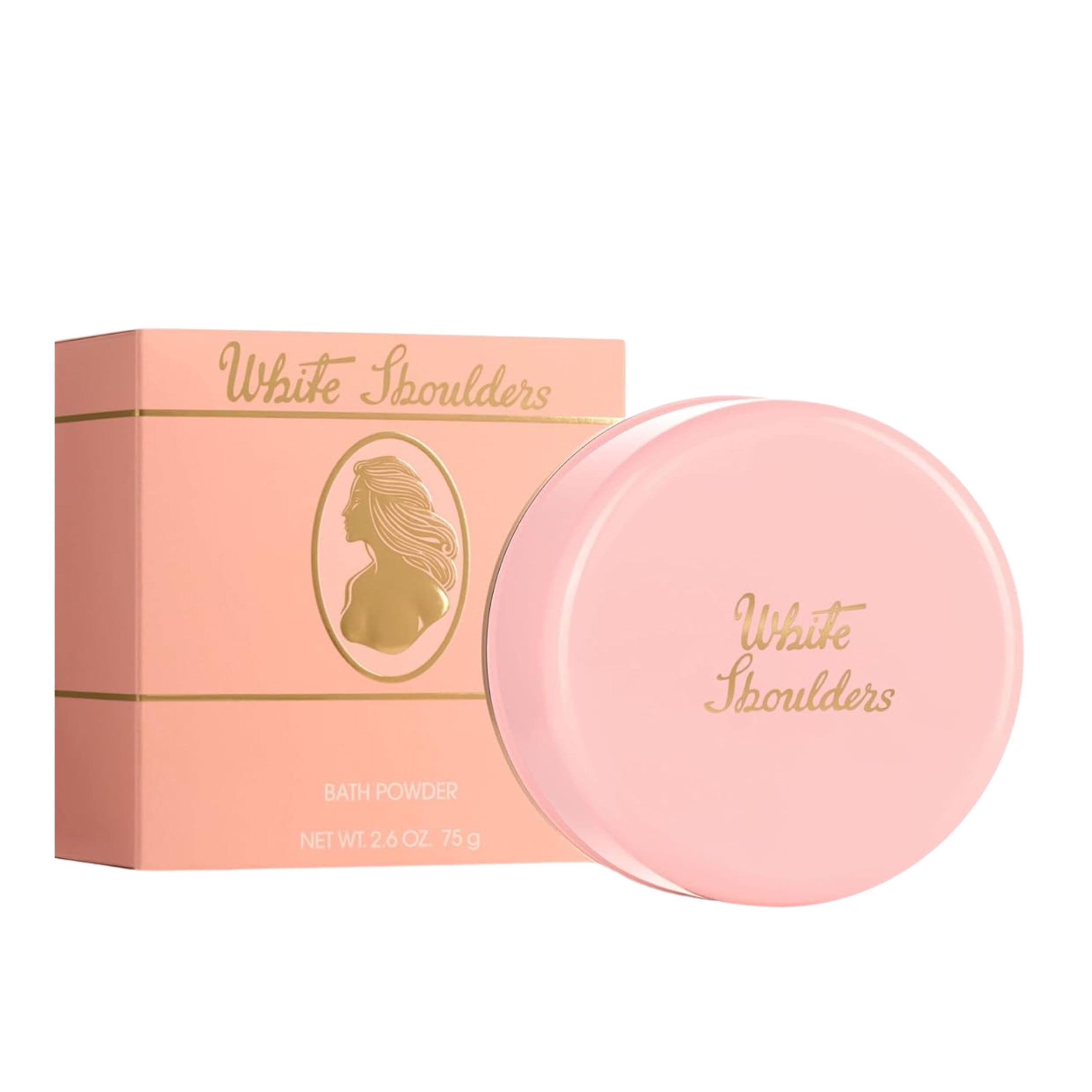 Evyan White Shoulders bath powder packaging showcases timeless elegance for everyday use.