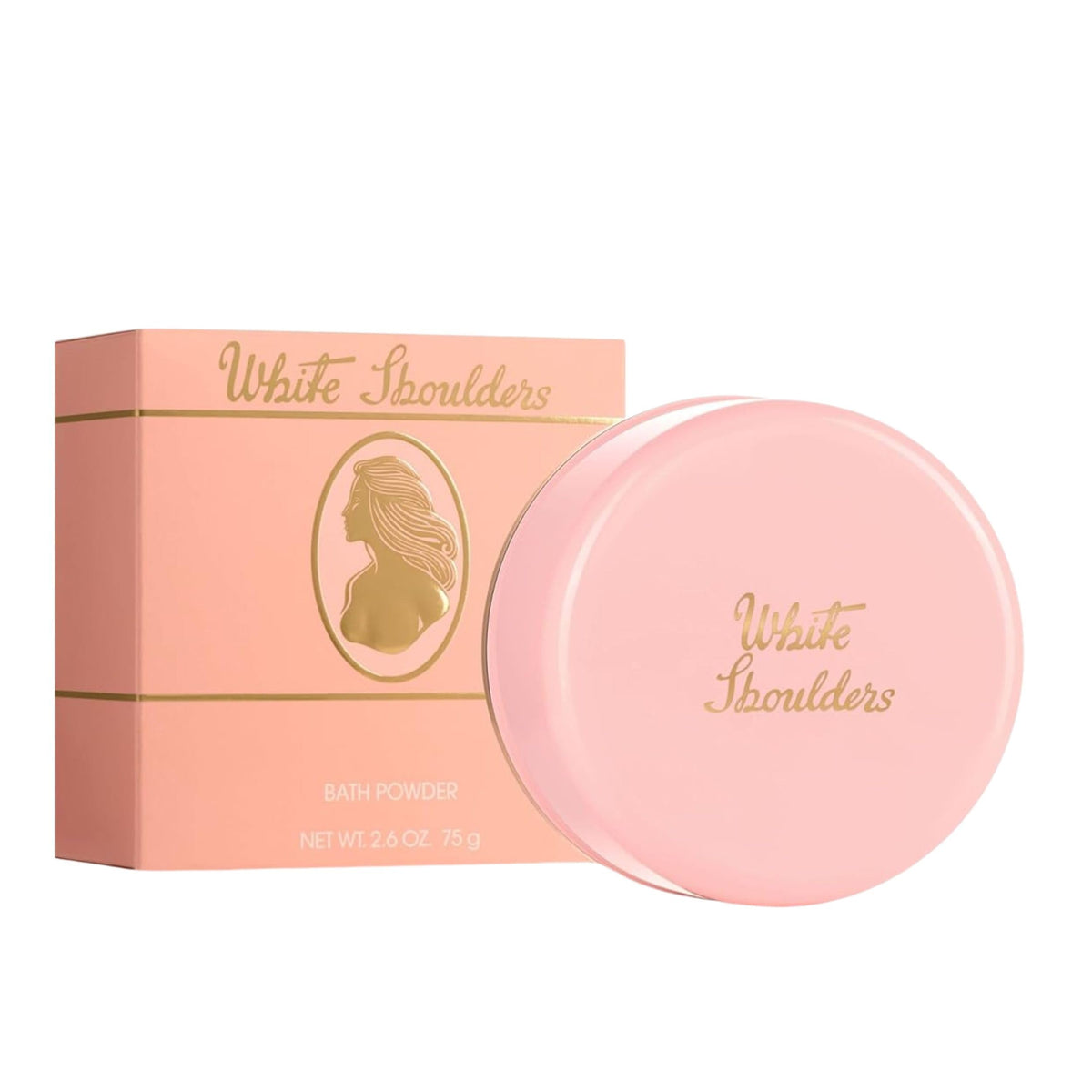 Evyan White Shoulders bath powder packaging showcases timeless elegance for everyday use.