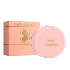 Evyan White Shoulders bath powder packaging showcases timeless elegance for everyday use.