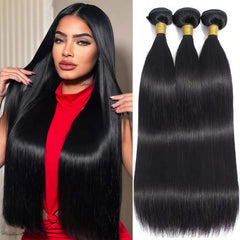 EWOSS Brazilian straight bundles in natural black packaging for quick sew-in styling.