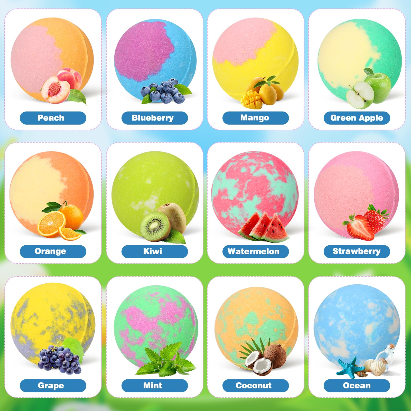 Excalla 12 color scented bath bombs create bubbling fun and soothing aromas.