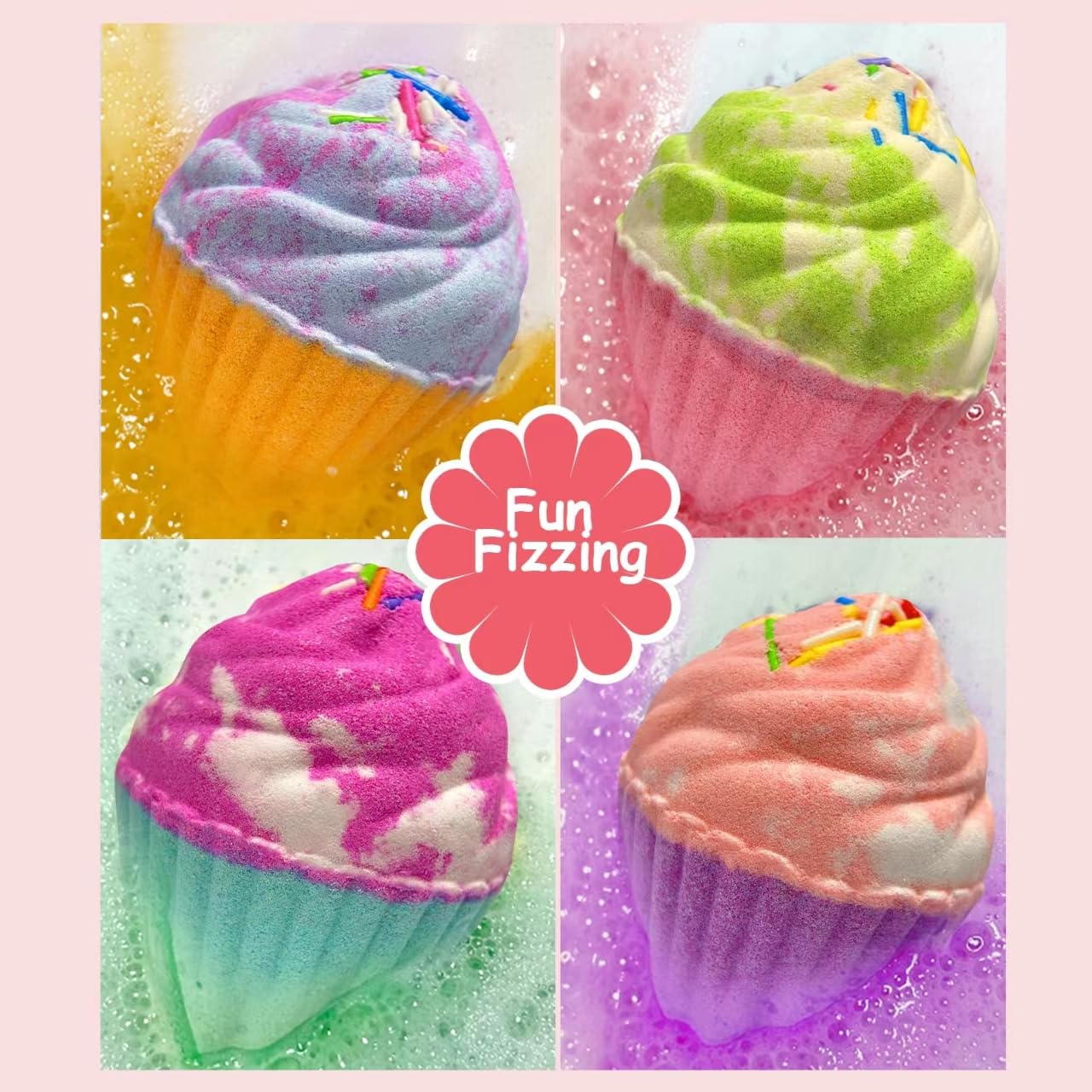 Excalla cupcake bath bomb fizz image, vibrant color and bubbles