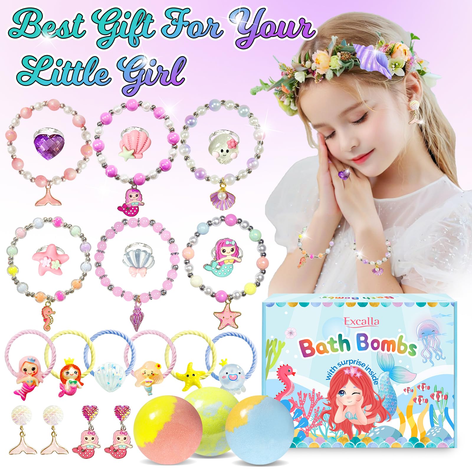 Excalla bath bombs fizz and color water with gentle bubbles.