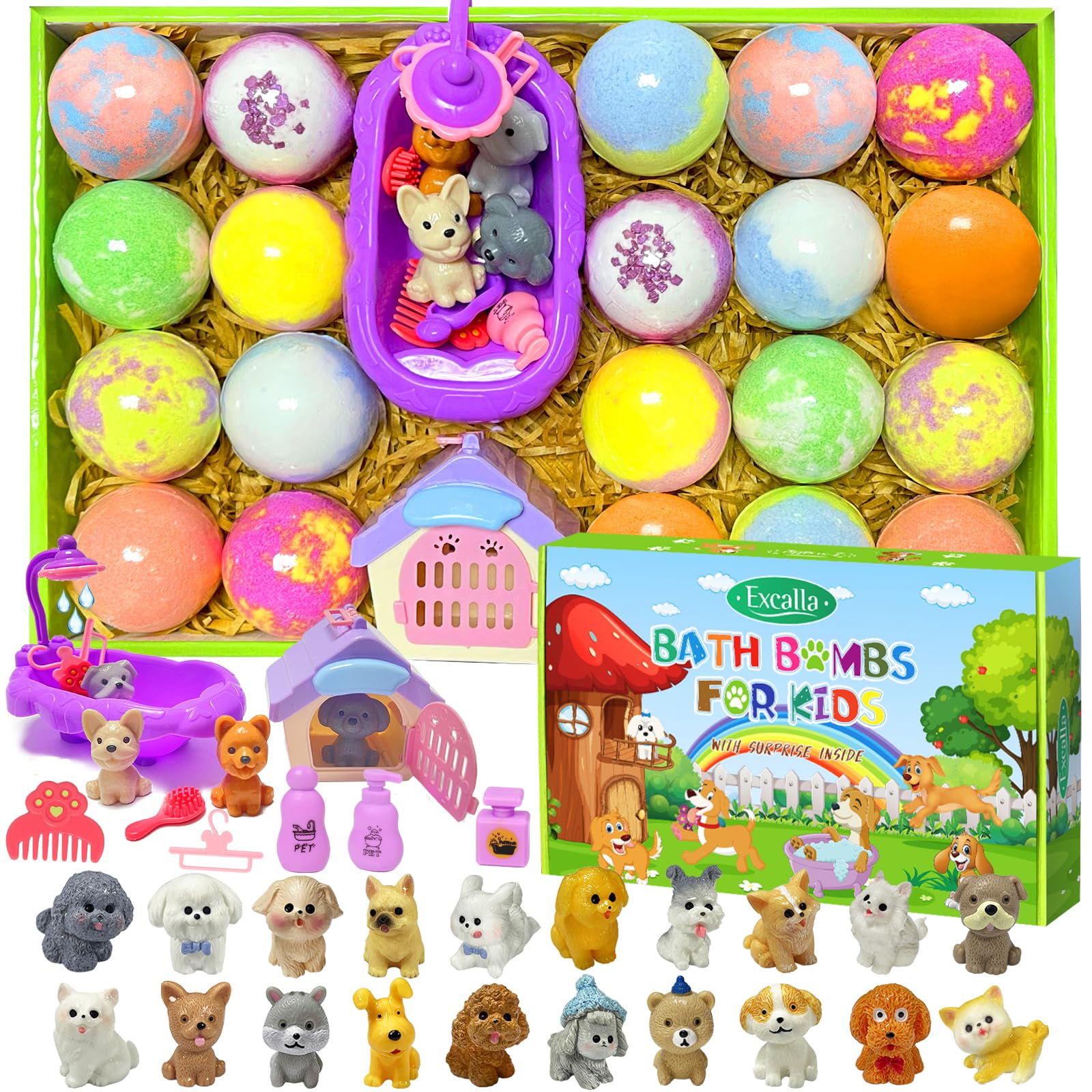 Excalla bath bombs 20-pack front view for colorful, entertaining bath time.