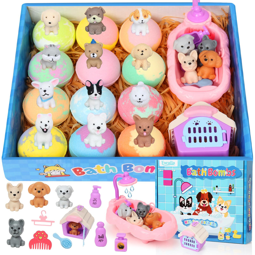 Excalla bath bombs with dog-toy inside reveal colorful surprise during bath time.
