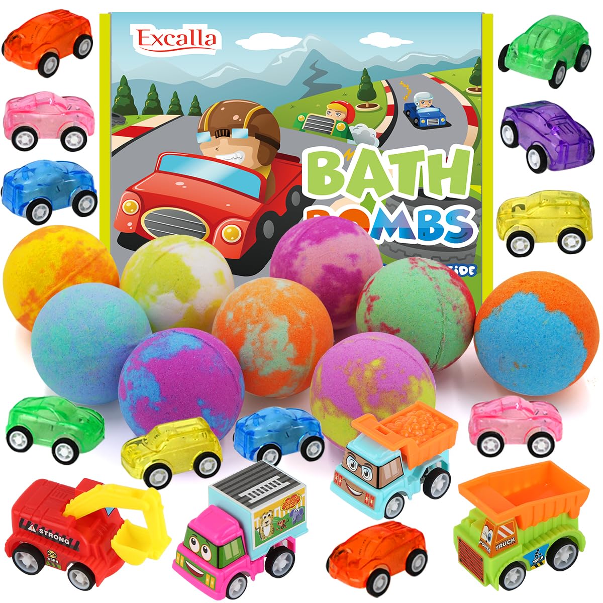 Excalla 9-pack bath bombs with toys inside for colorful, playful bath time