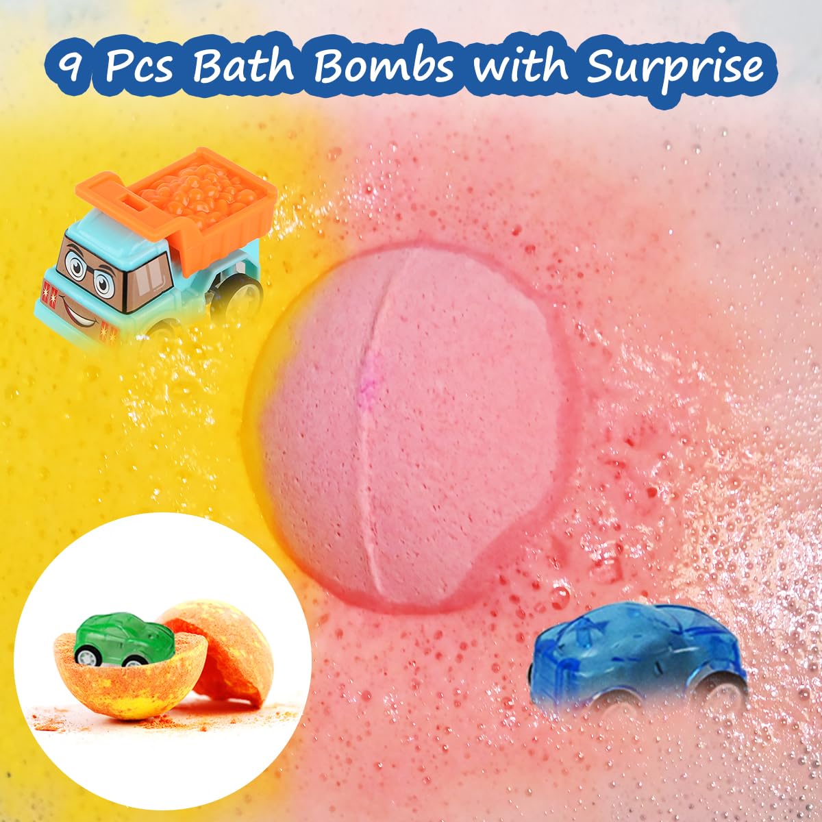 Excalla bath bombs with pull-back car inside for interactive bath play