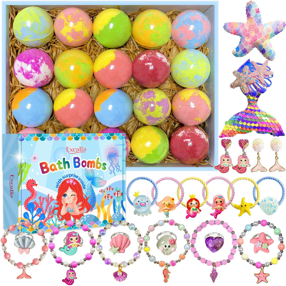 Excalla bath bombs reveal a surprise inside during box opening for joyful bath time.