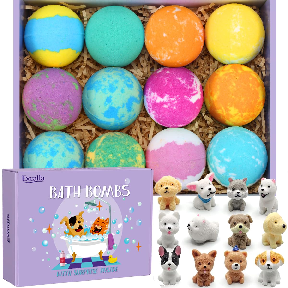 Excalla bath bomb with a puppy toy inside for playful bath time.