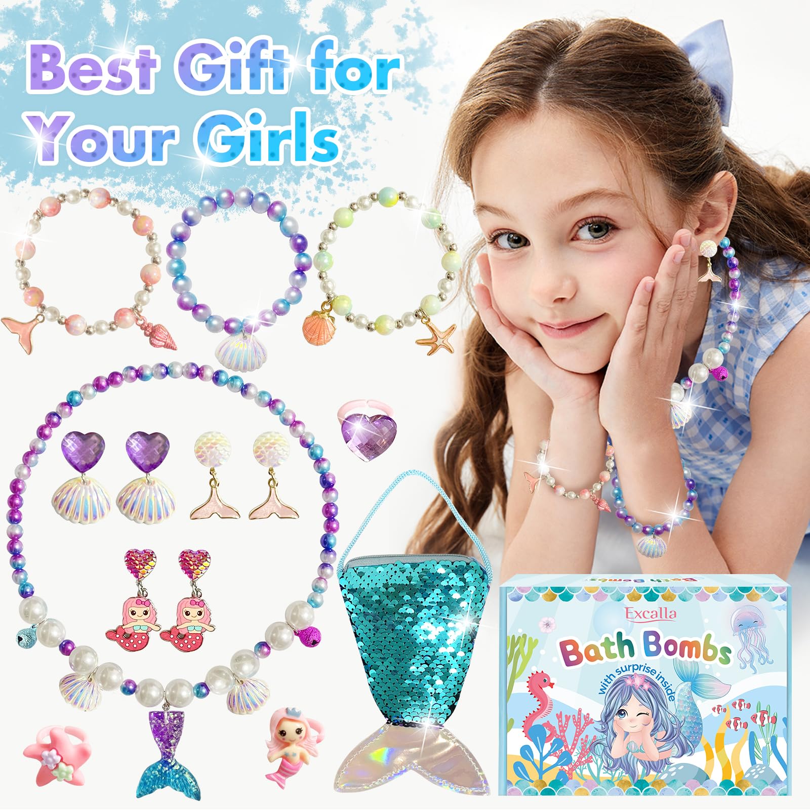 Excalla Mermaid Jewelry pieces revealed inside the bath bombs for dress-up