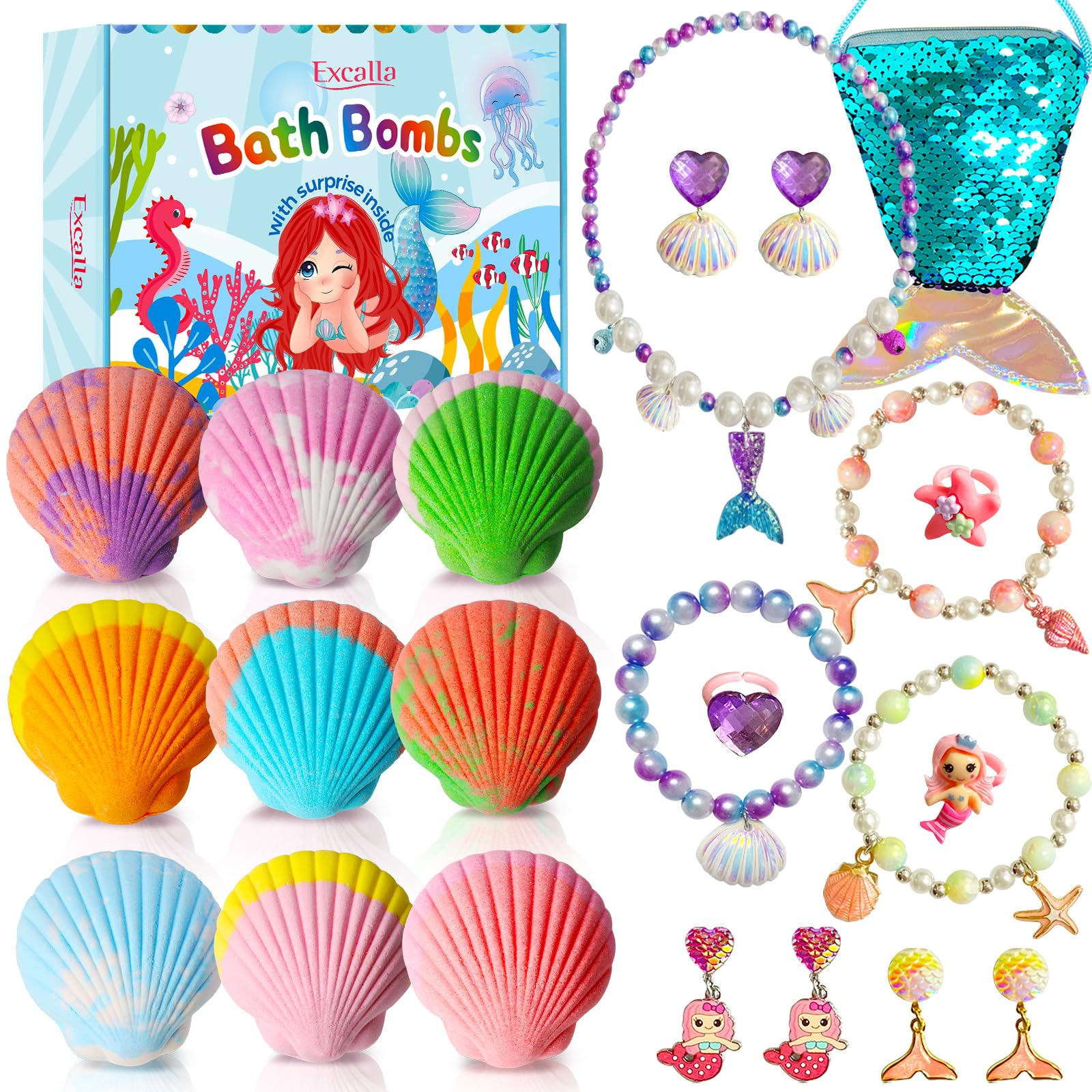 Excalla Mermaid Bath Bombs reveal jewelry inside during bath time fun