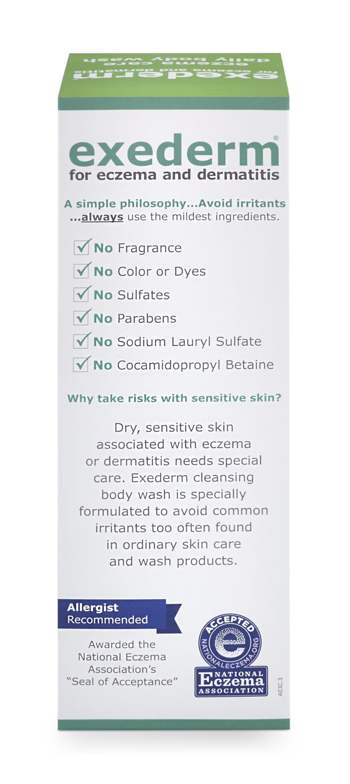 Exederm Body Wash close-up shows fragrance-free formula supporting dry, itchy skin.