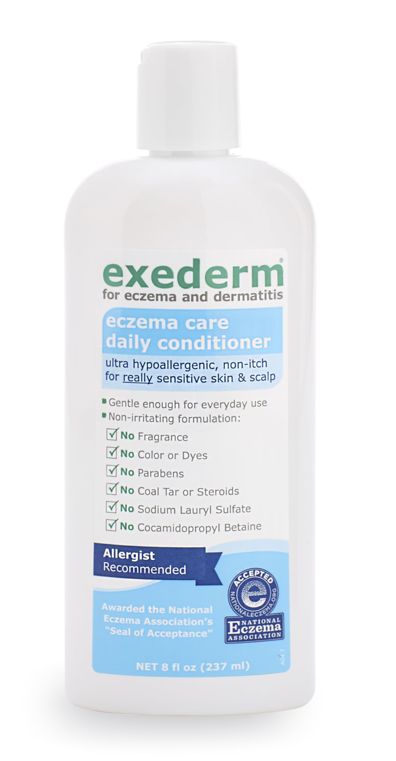 Exederm conditioner bottle being poured for sensitive scalp hydration.