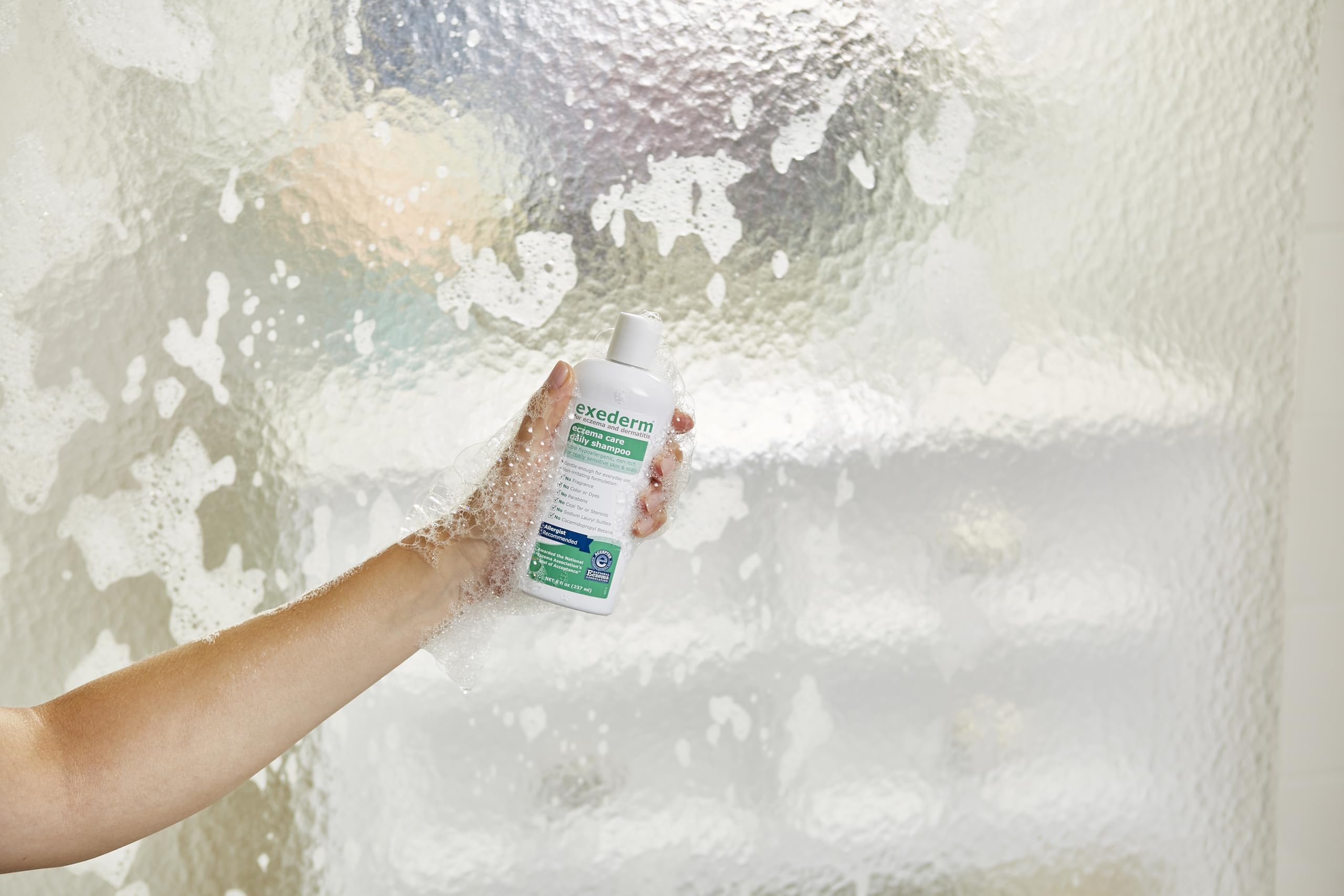 Exederm Shampoo daily use hair care demonstrates easy routine for healthier scalp.