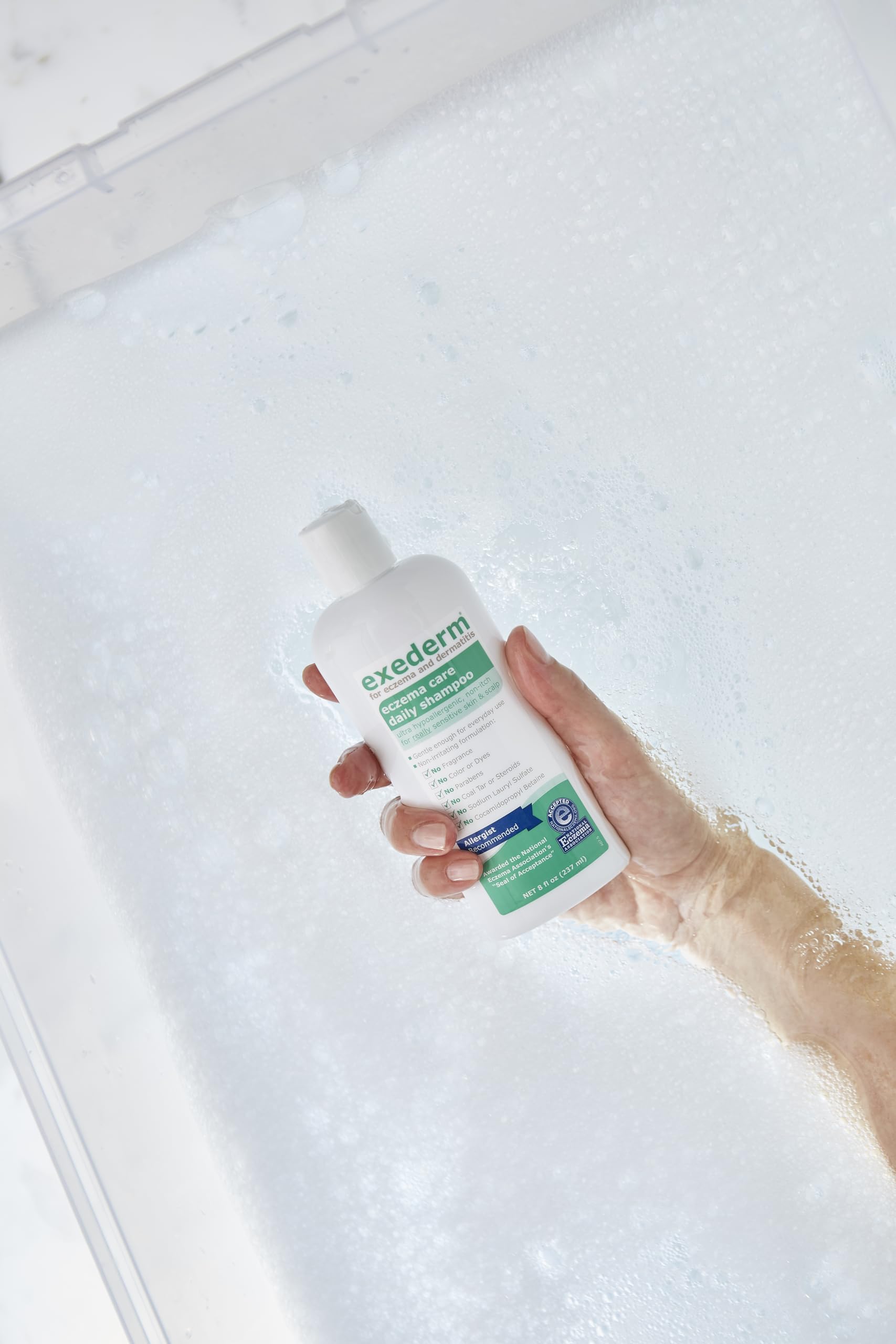 Exederm Shampoo ingredient list on label shows simple, skin-loving ingredients.