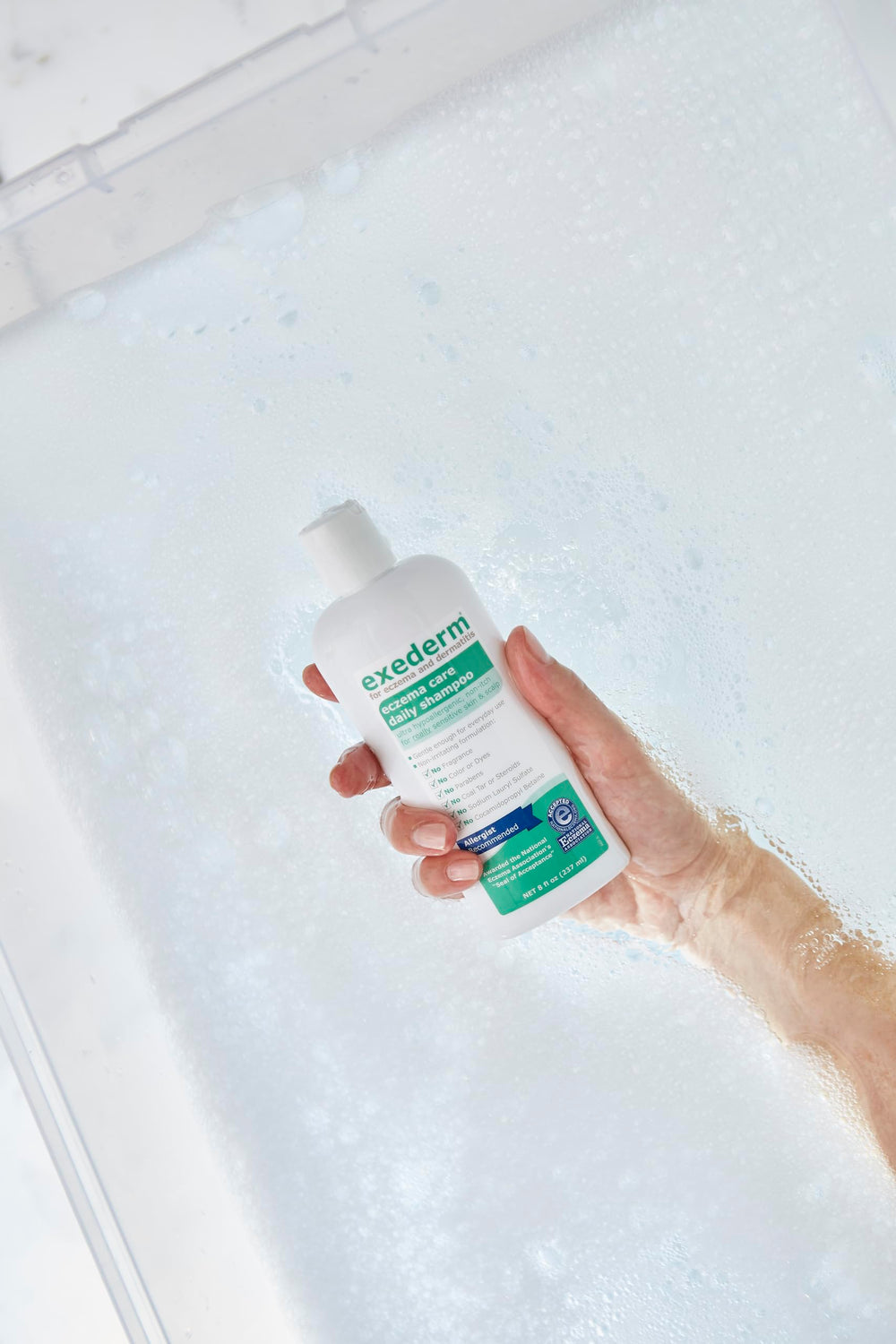 Exederm Shampoo ingredient list on label shows simple, skin-loving ingredients.