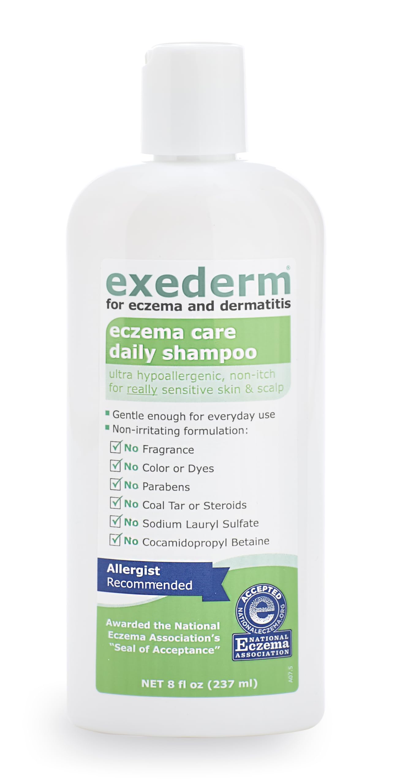 Exederm Shampoo low-foam lather closeup highlights soothing, non-irritating formula.