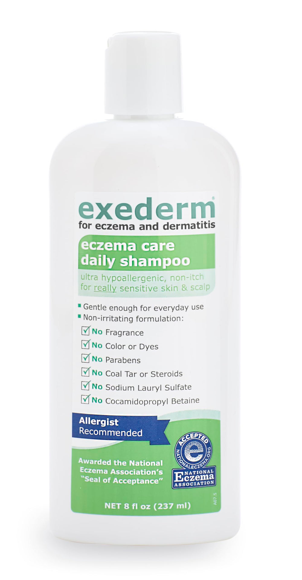 Exederm Shampoo low-foam lather closeup highlights soothing, non-irritating formula.