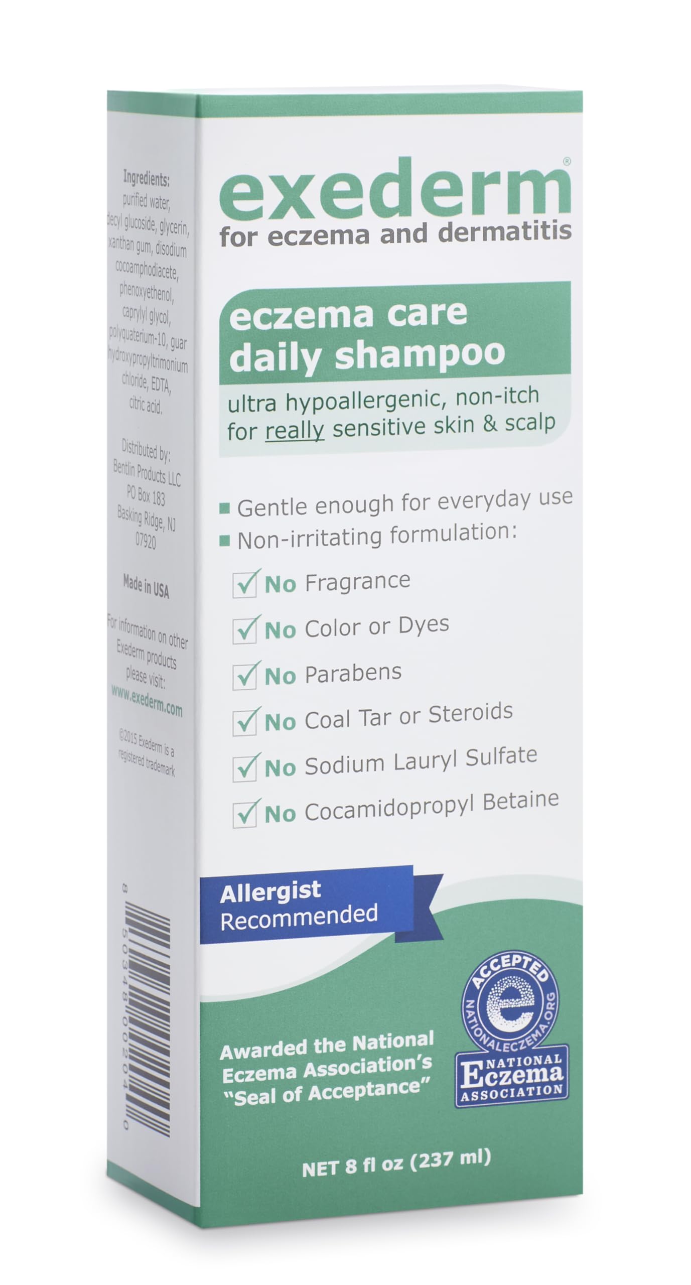 Exederm Shampoo ultra-sensitive bottle pour shows gentle, low-foam cleansing for sensitive scalps.