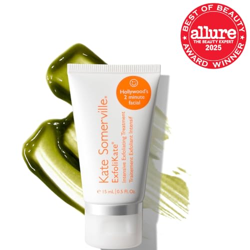 Exfolikate bottle dispense shot highlighting convenient application for quick exfoliation.