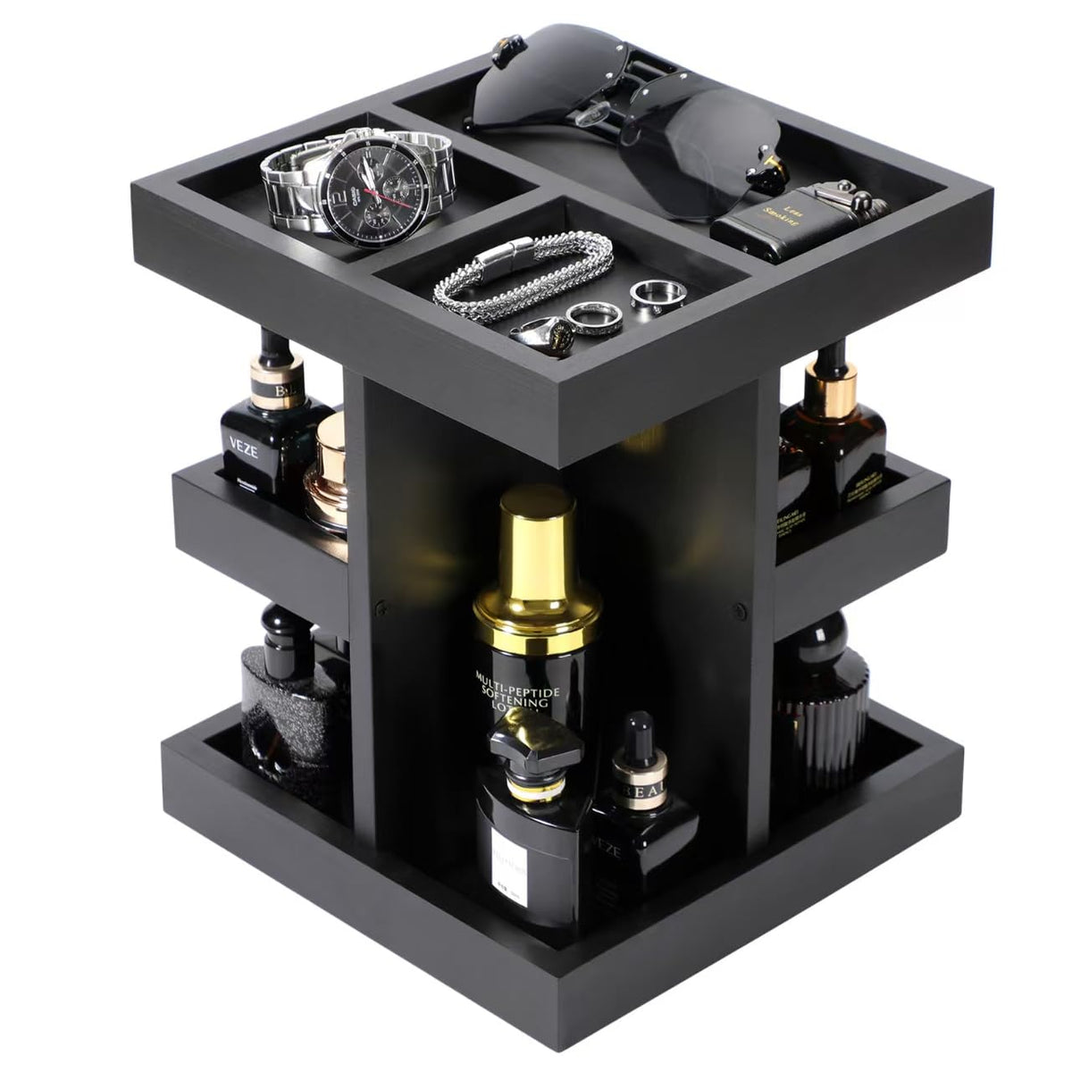 EXIN DECHEN Cologne Organizer black rotate on a dresser provides quick fragrance access.