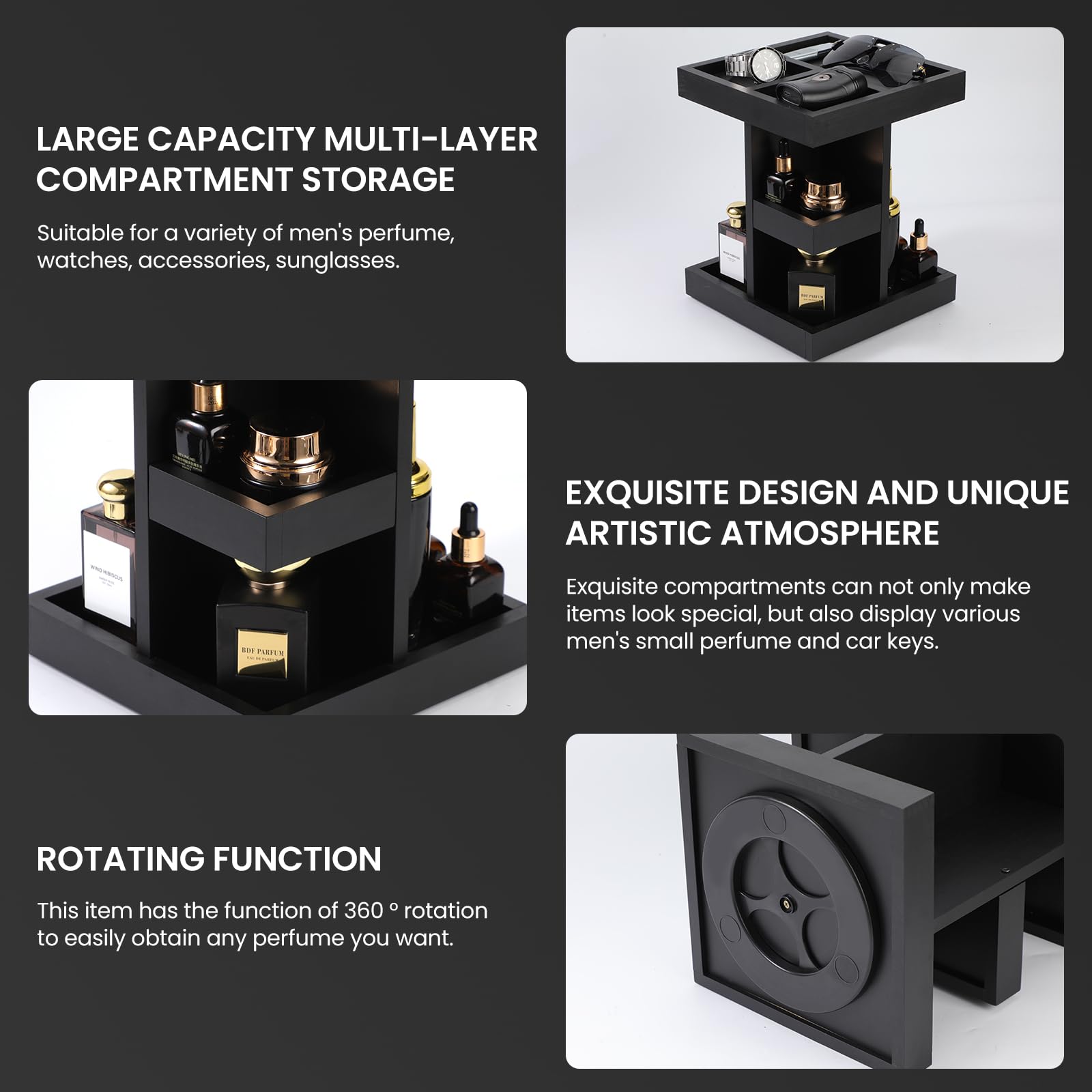 EXIN DECHEN men's gift wood stand elegantly displays fragrance collections.