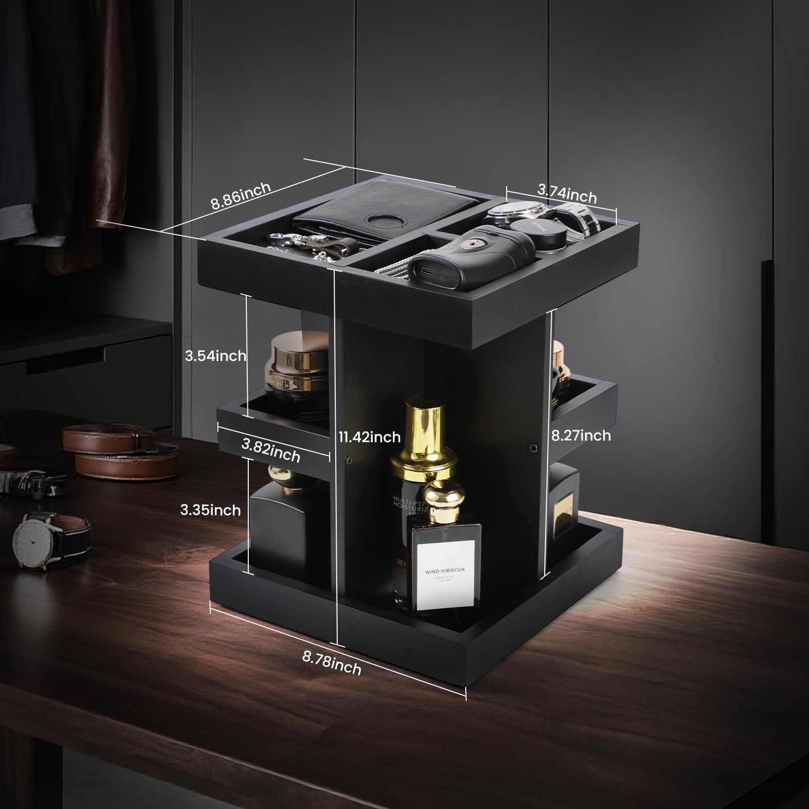 EXIN DECHEN wood perfume shelf three-level neatly stores bottles and grooming items.