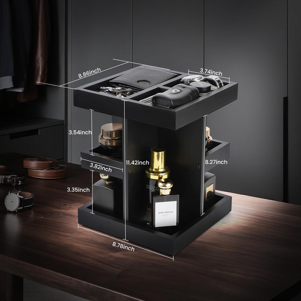EXIN DECHEN wood perfume shelf three-level neatly stores bottles and grooming items.