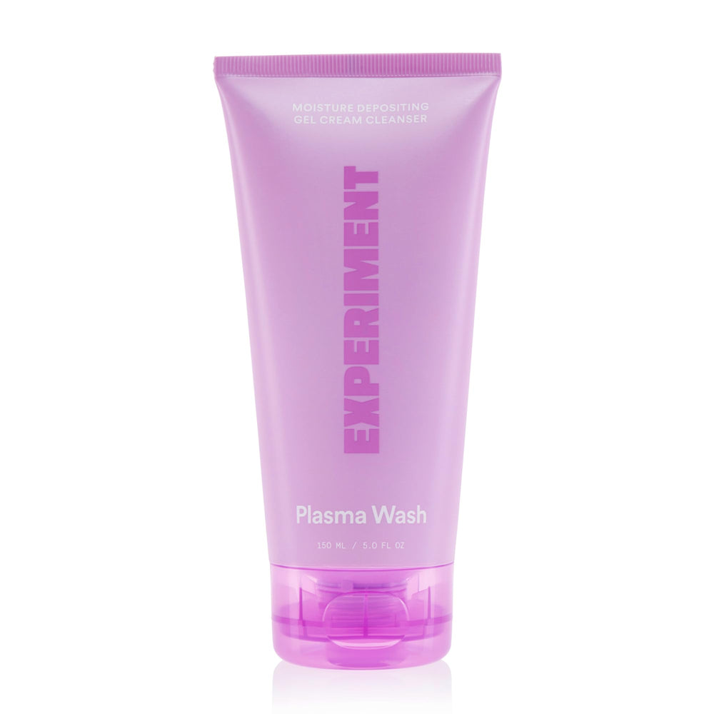 Experiment Plasma Wash bottle with pump highlights a hydrating gel-cream cleanser for all skin types.