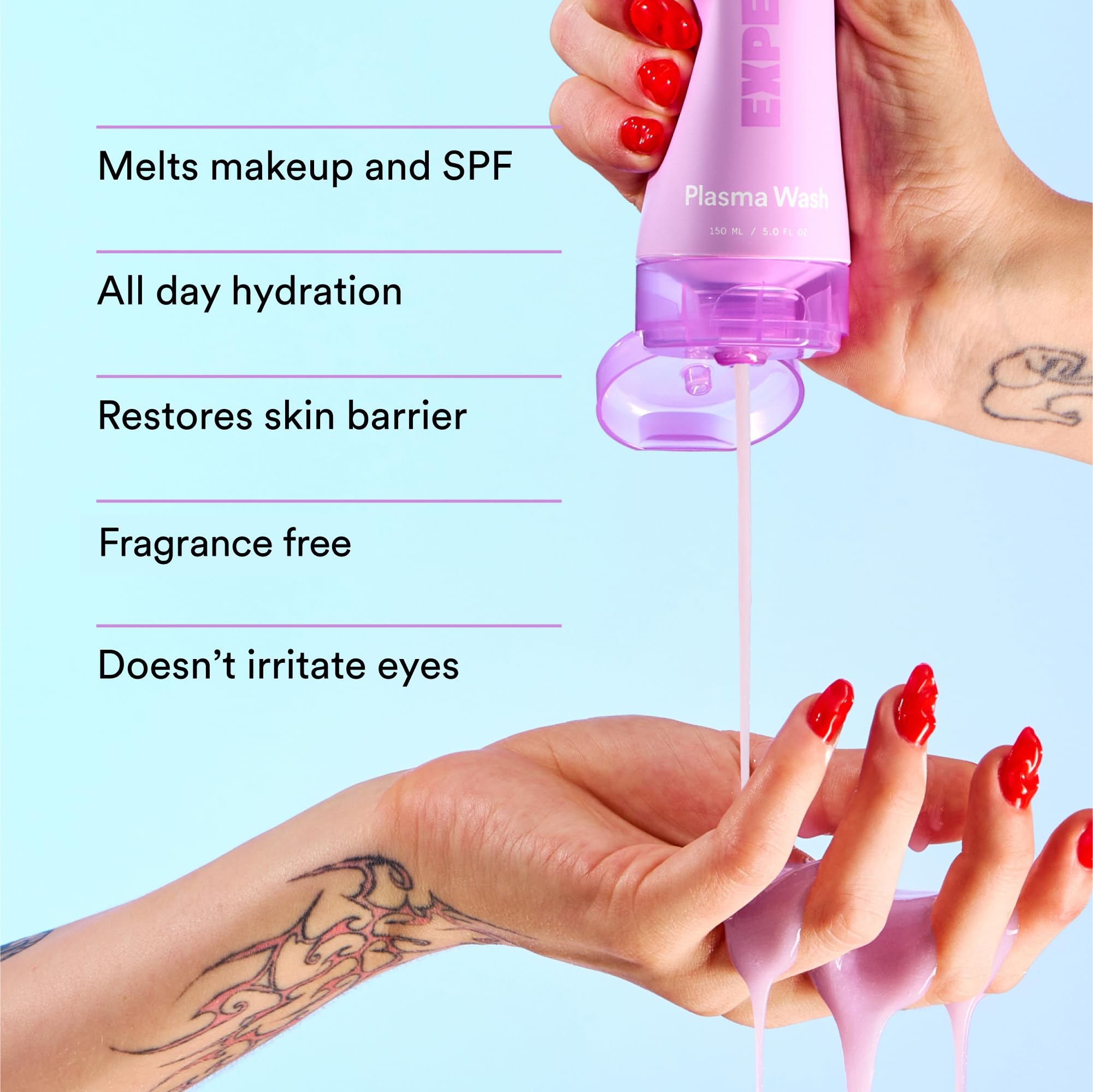 Experiment Plasma Wash packaging highlights glycerin and jojoba for barrier-friendly care.