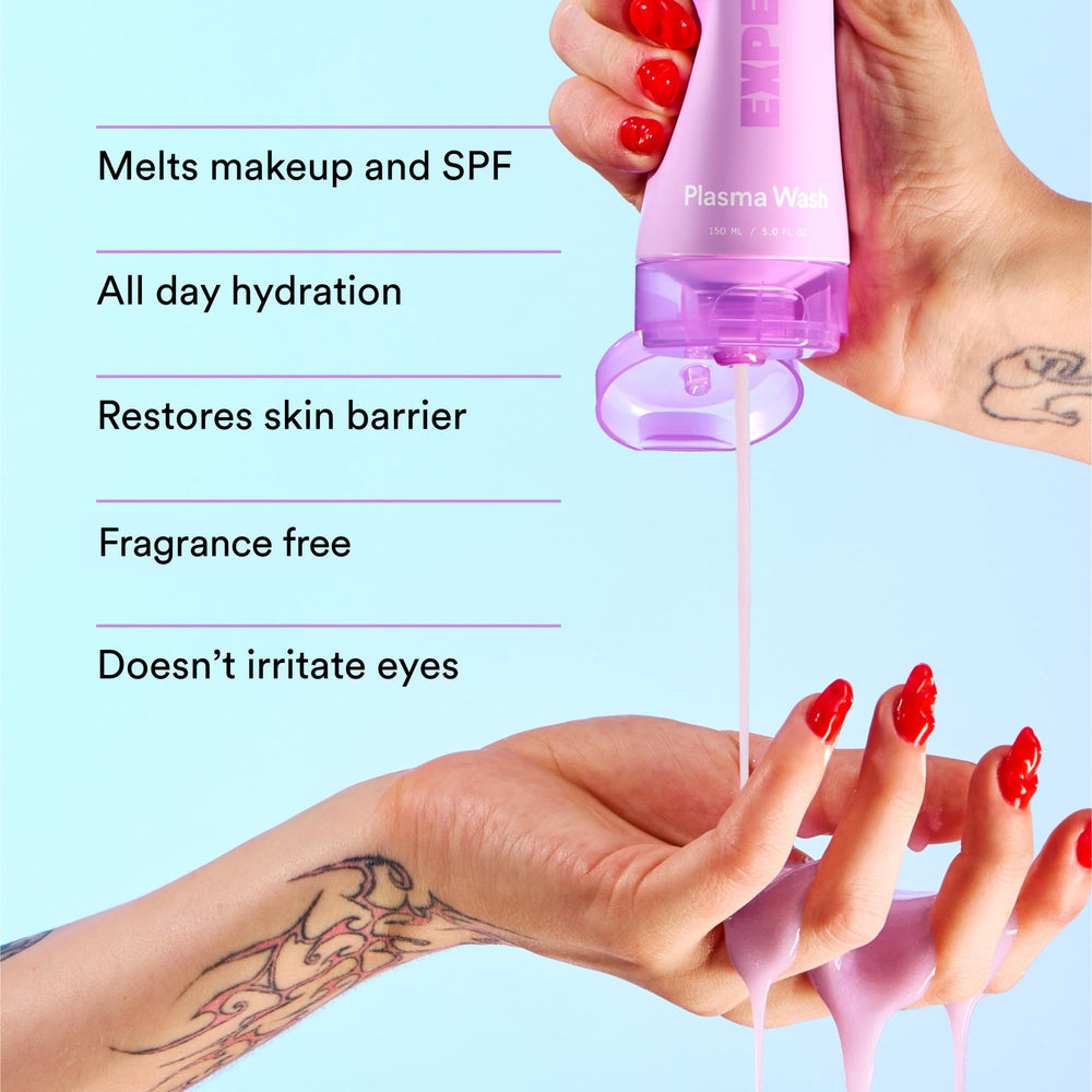 Experiment Plasma Wash packaging highlights glycerin and jojoba for barrier-friendly care.