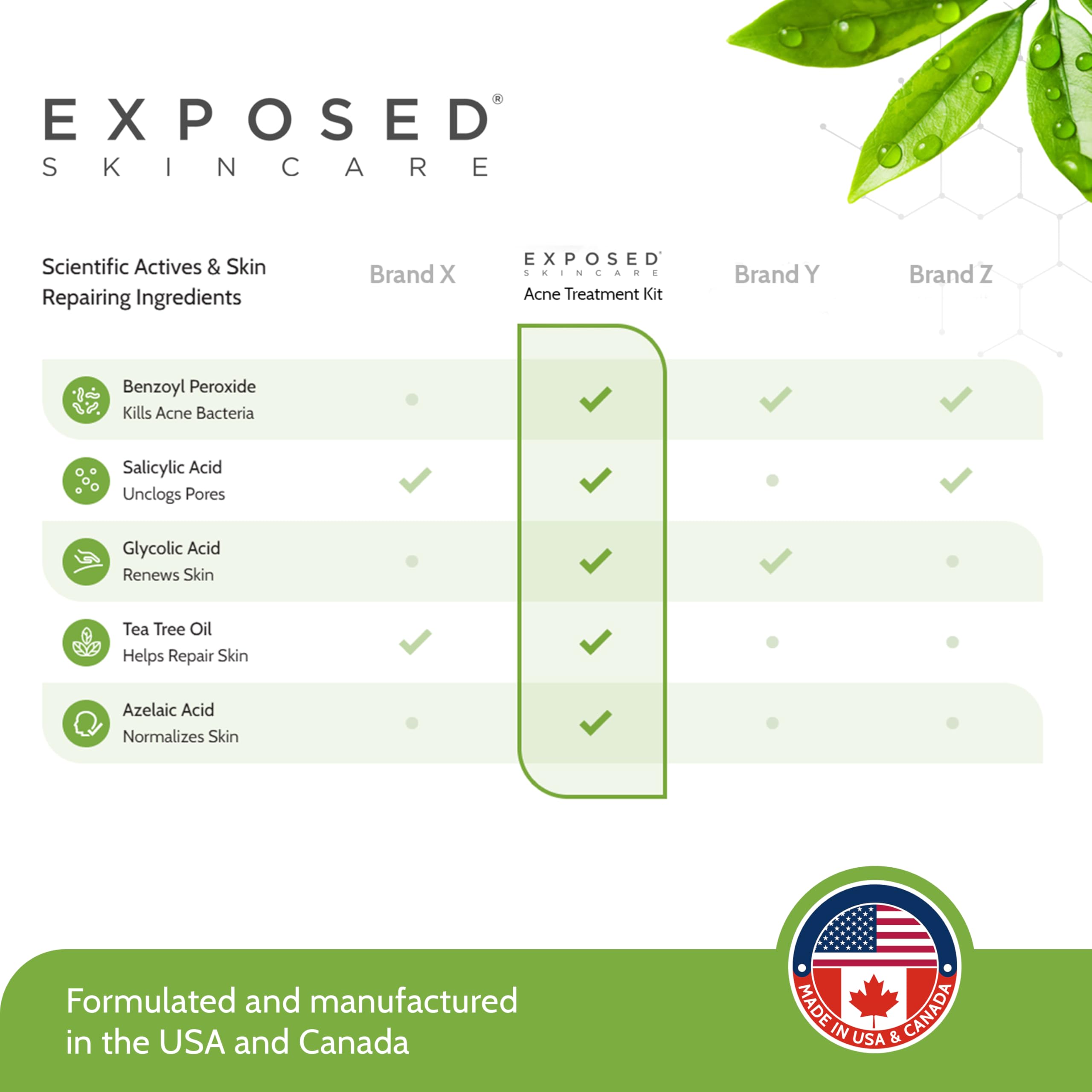 Exposed Skin Care basic acne kit natural ingredients highlight in view.