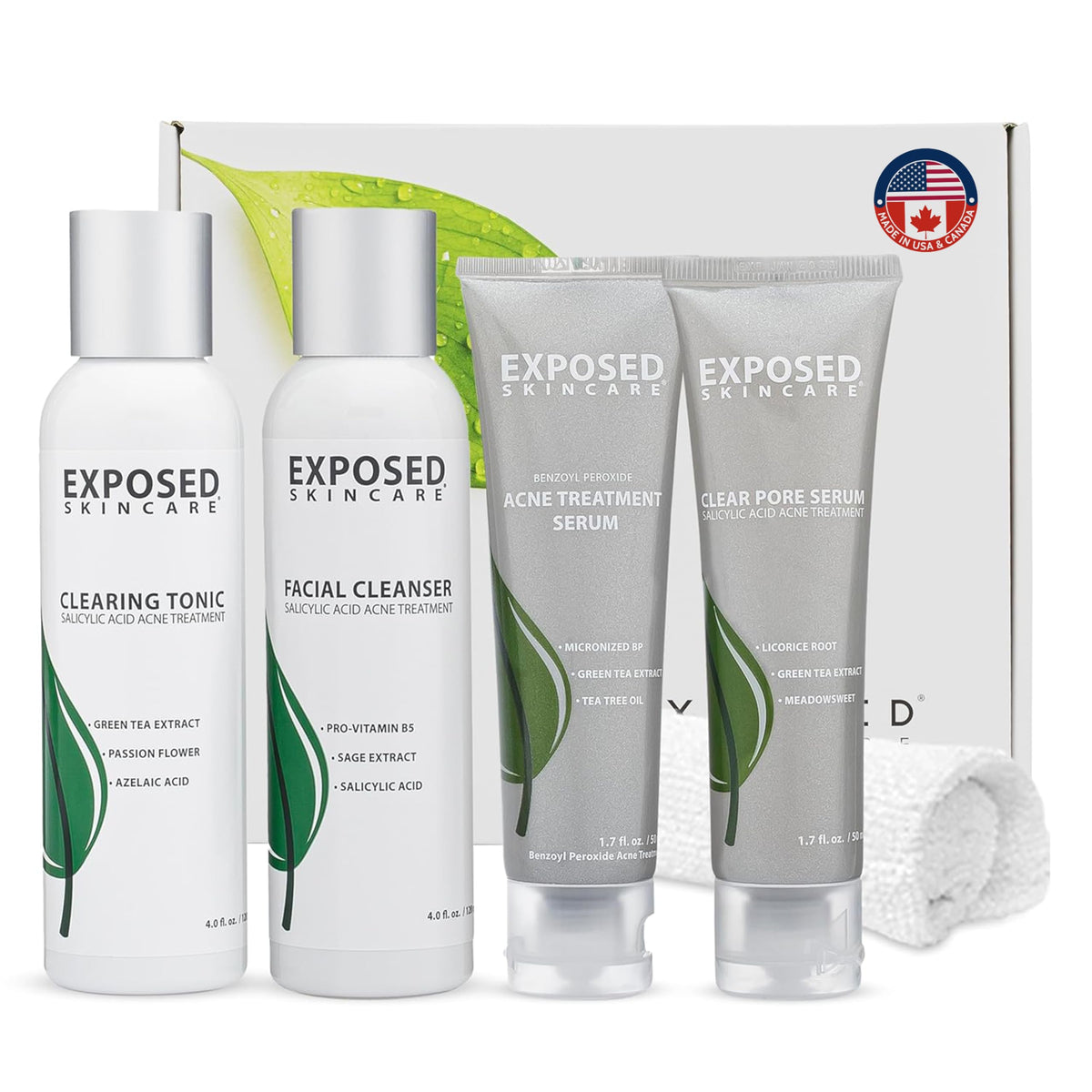 Exposed Skin Care basic acne kit packaging shown for a simple daily routine.