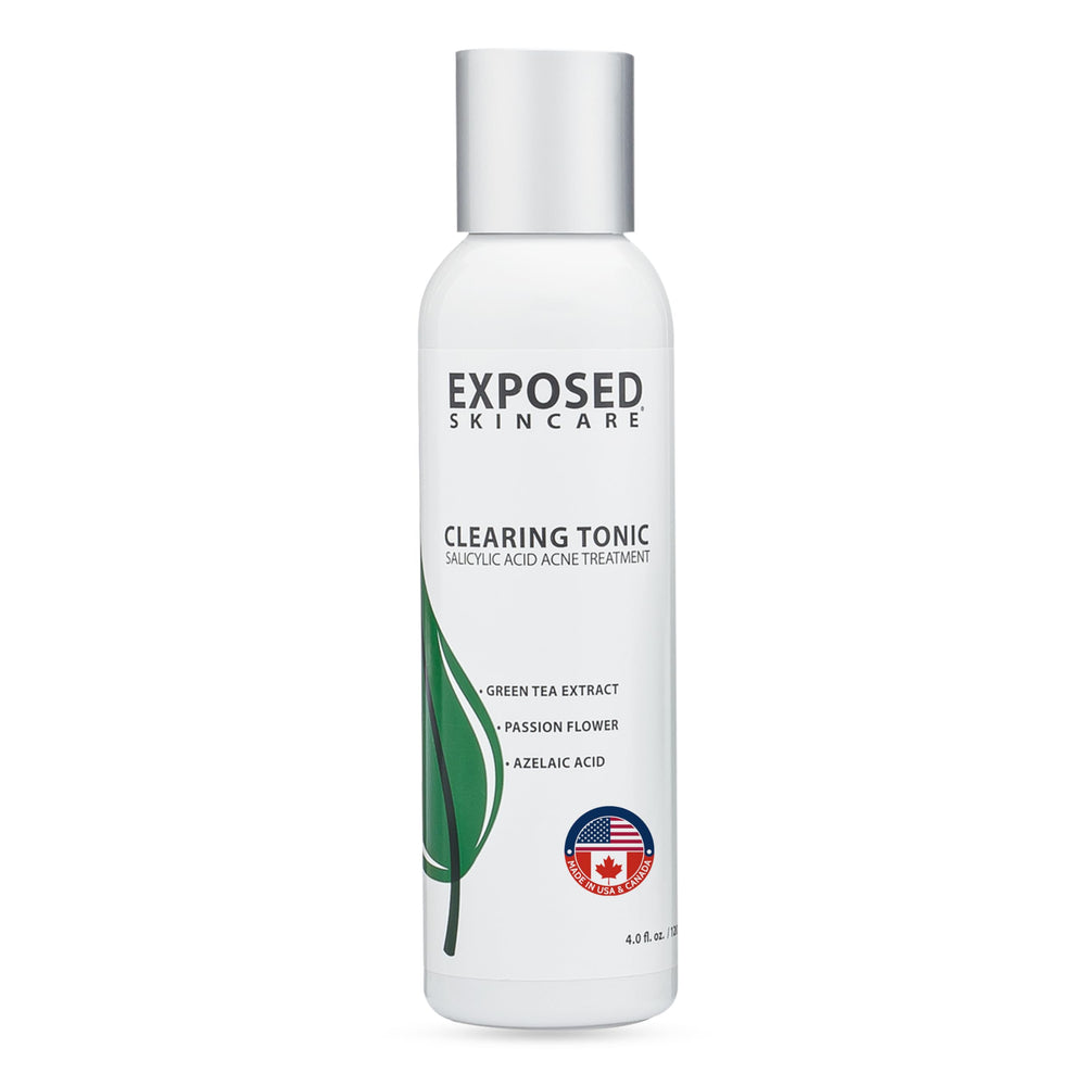 Exposed Skin Care clearing tonic bottle shows a refreshing toner for clearer pores and balanced skin.