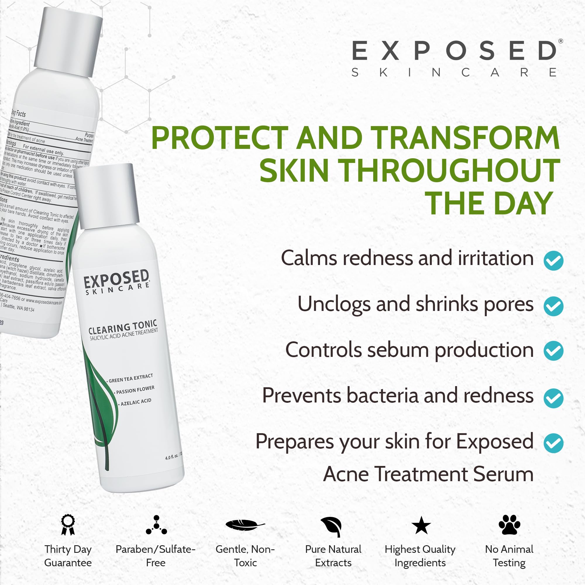 Exposed Skin Care green tea extract focus underscores antioxidant support for clearer skin.