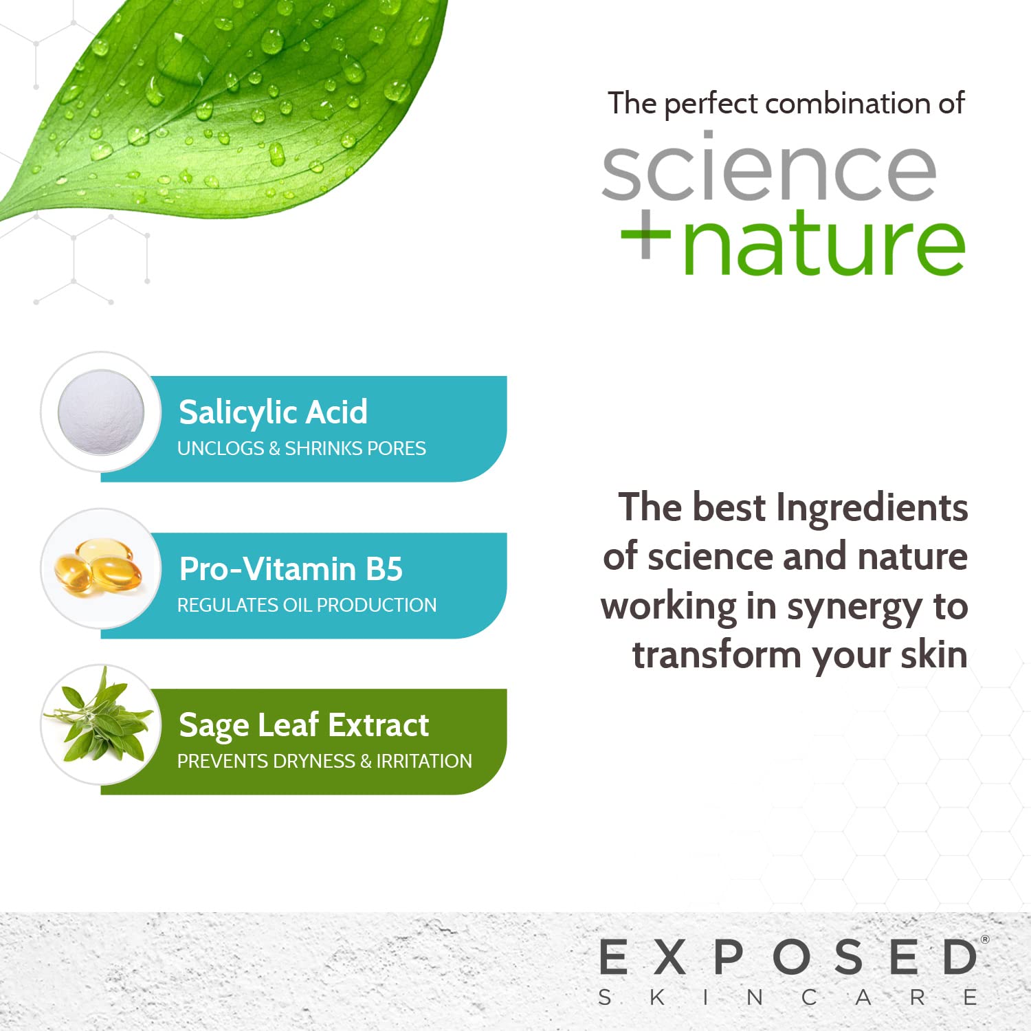 Exposed Skin Care provitamin B5 imagery suggests skin hydration support.