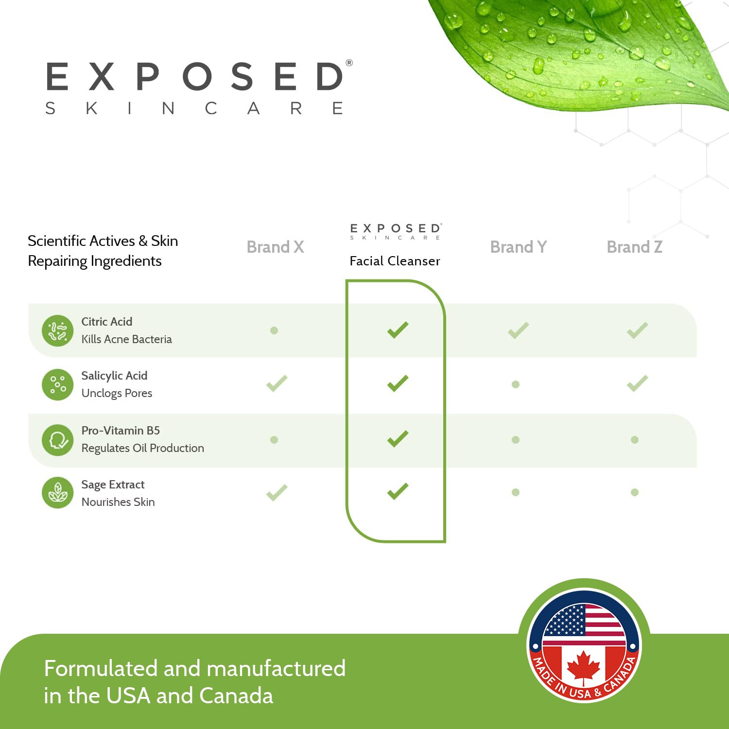 Exposed Skin Care sage extract visual implies calming, soothing ingredients.