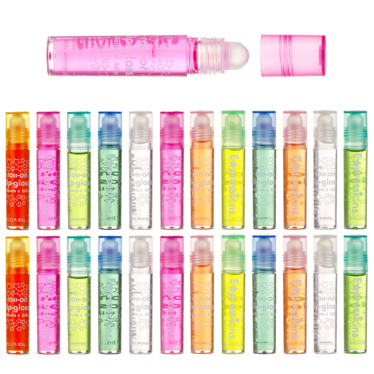 Expressions girl 24pc roll-on lip gloss set in carrying case for portable lip care on the go.