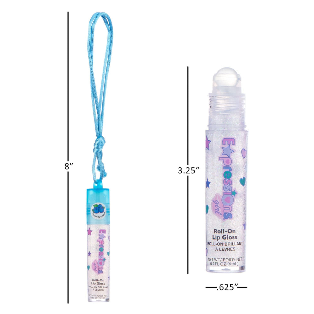 Expressions lip gloss necklace pack close-up glitter finish enhances shiny lip looks.