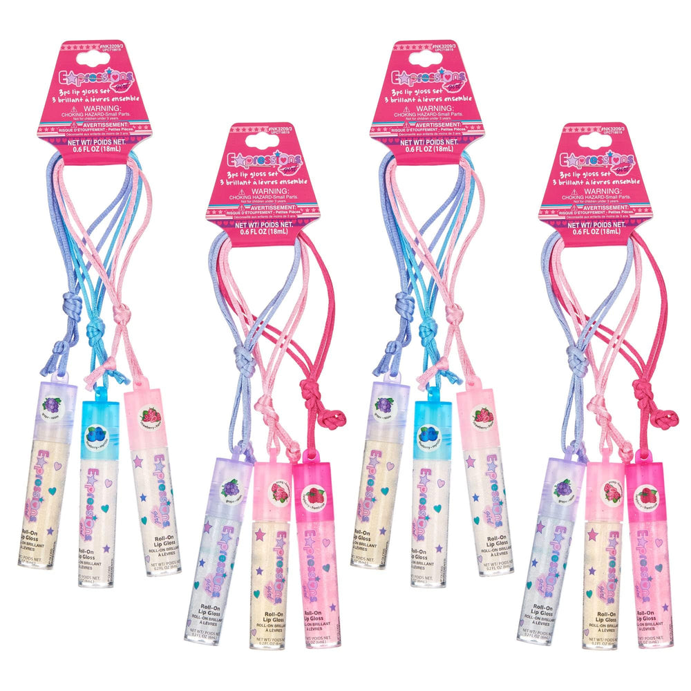Expressions lip gloss necklace pack kids party favor setup with non-toxic safe makeup.