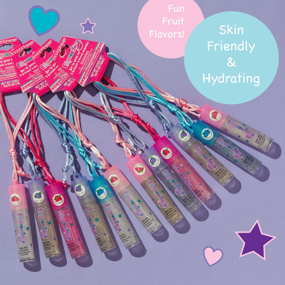 Expressions lip gloss necklace pack rollerball application shown for smooth on-the-go gloss.