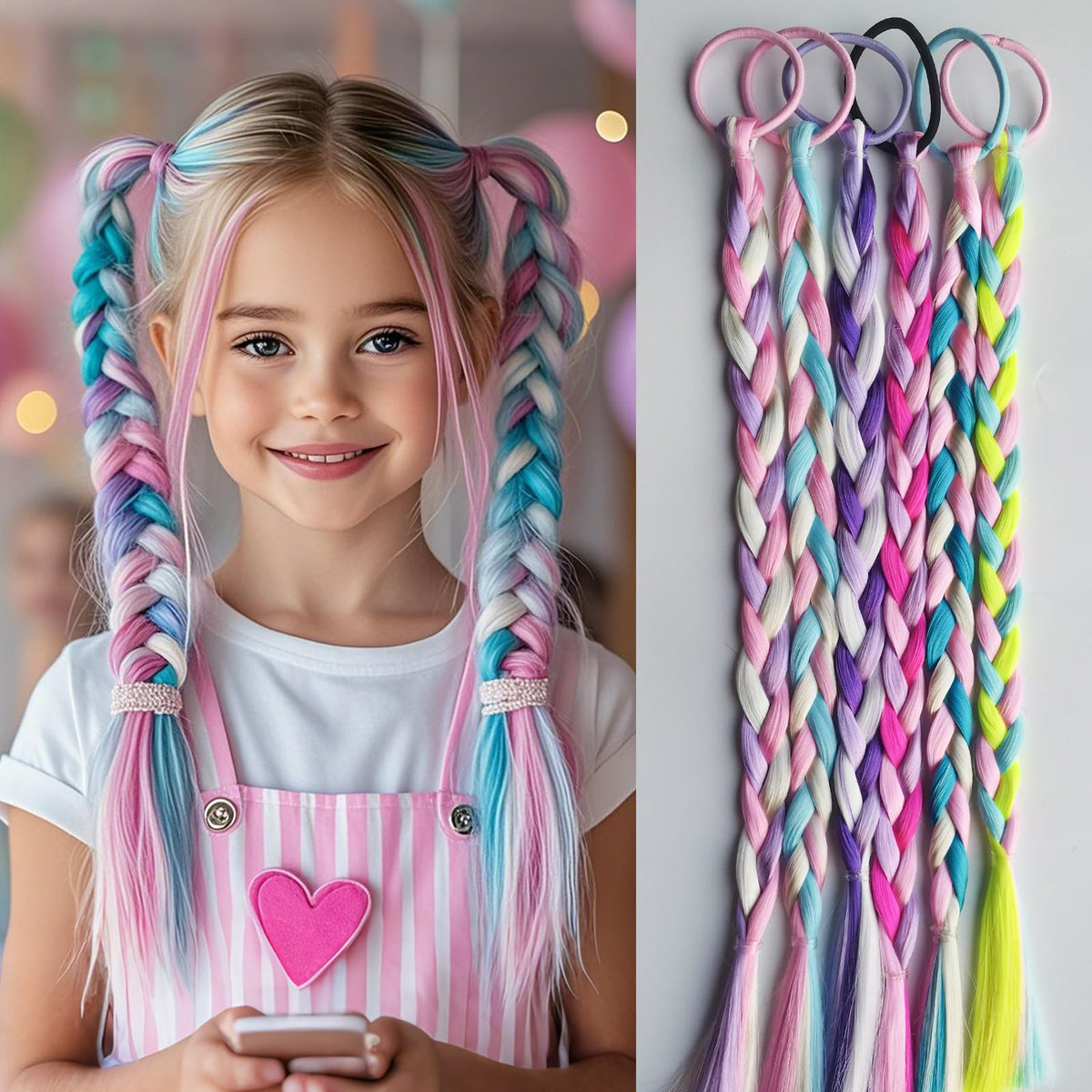 EXTACIO 6-pack colorful braided hair extensions on a ponytail for daily vibrant style