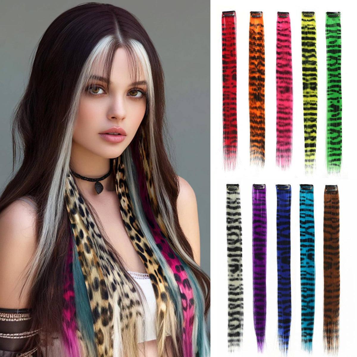 EXTACIO leopard print clip-in extensions add bold color for festival-ready hair.