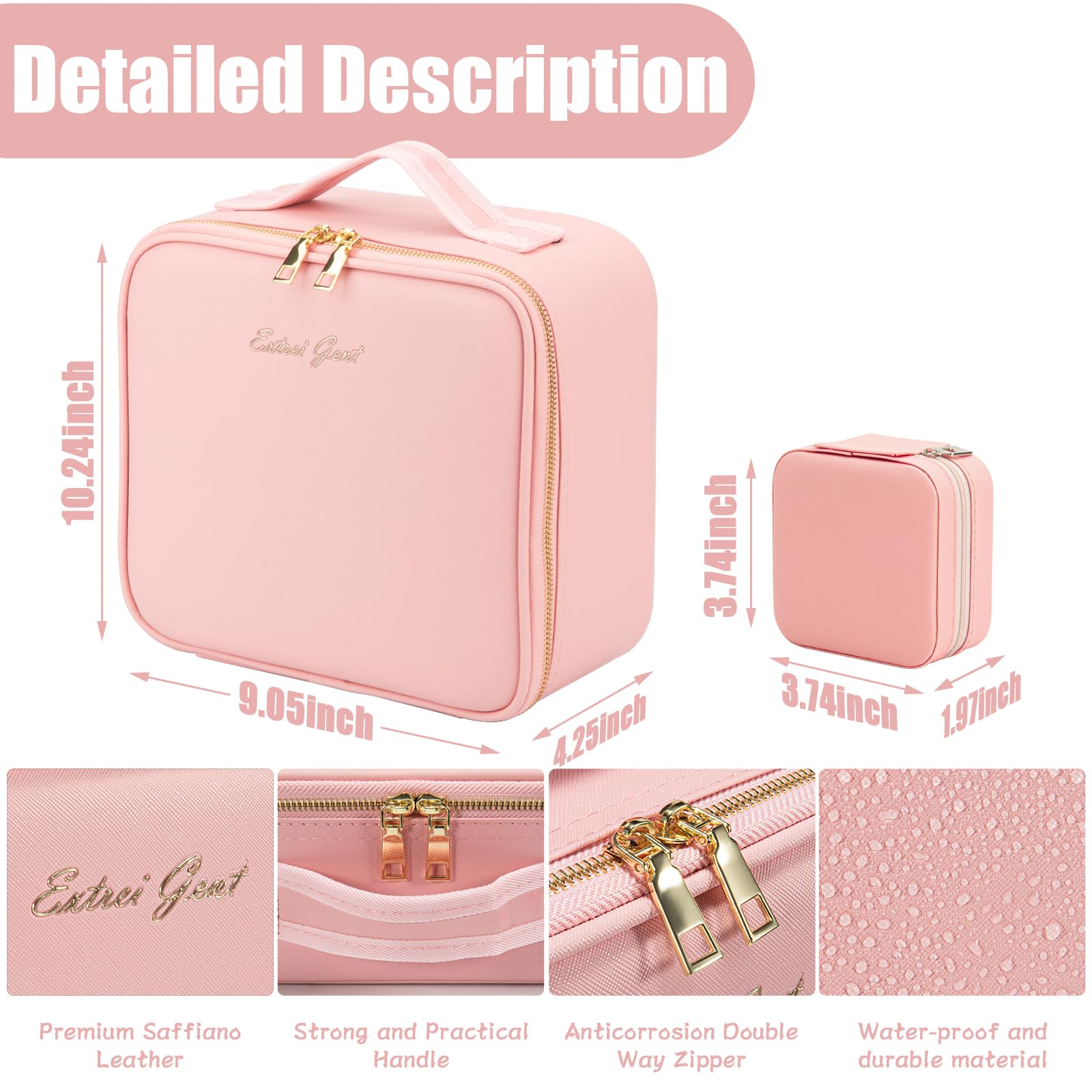 Extrei Gent makeup travel case with LED mirror open showing adjustable brightness for precise makeup.