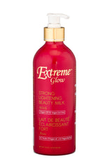 Extreme Glow strong lightening beauty milk bottle front view showing creamy body lotion texture