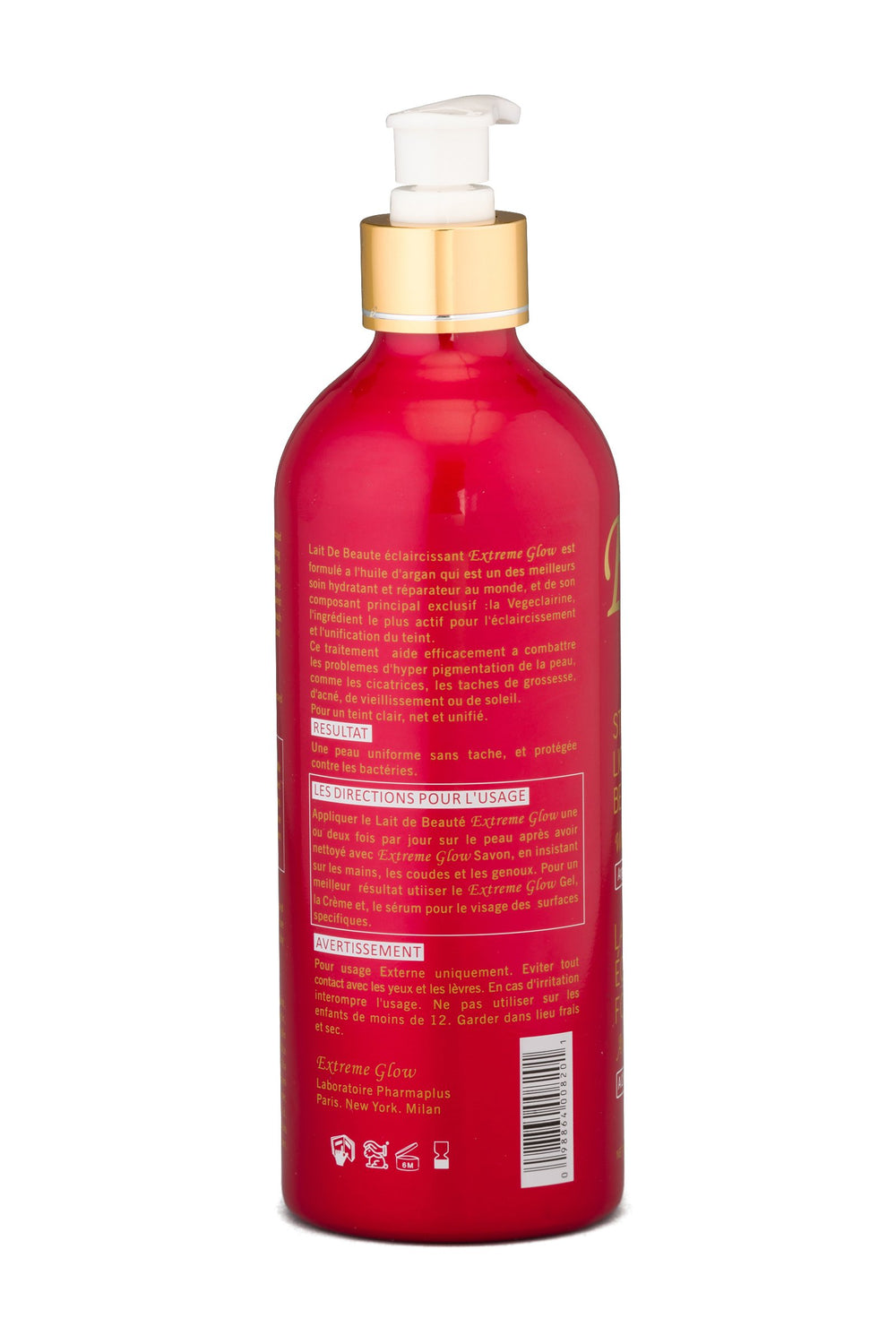 Extreme Glow packaging box displays Paris-made body lotion branding