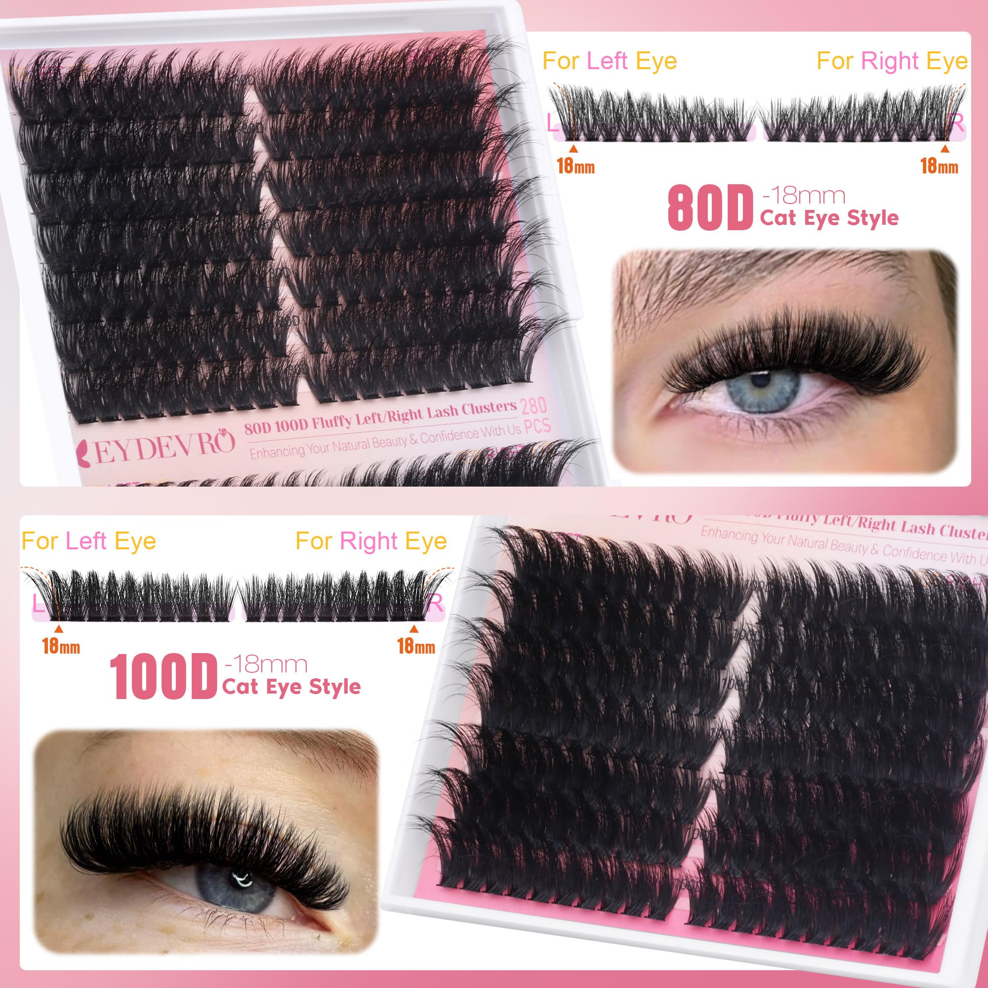EYDEVRO fluffy lash clusters left-right alignment demonstrates easy, time-saving application
