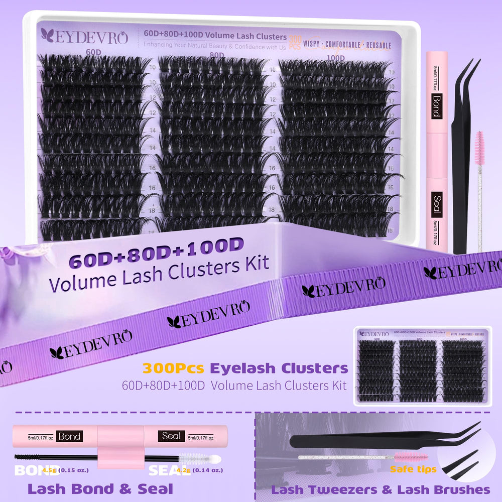 EYDEVRO lash clusters kit reveals D-curvature wispy volume for a 3D flutter.